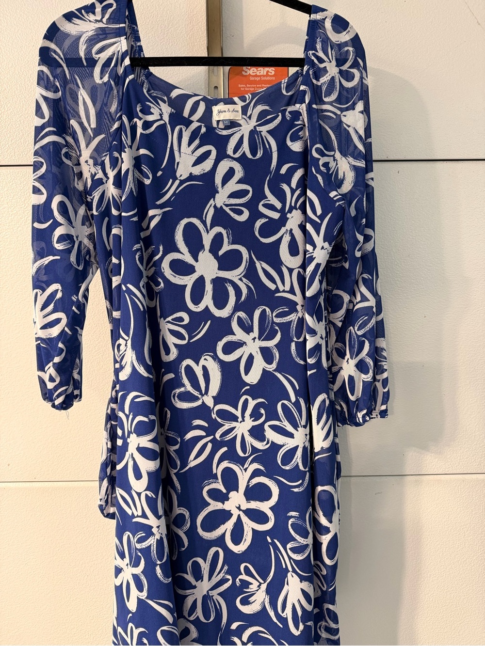 Women's Navy Blue Midi Dress with White Floral Print
